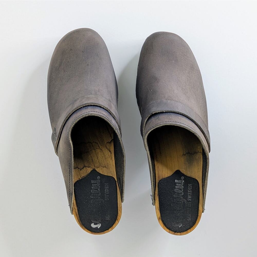 Sandgrens Maya Clogs 39 Brown Nubuck Leather 3" Heel Swedish Wood Base Runs 8.5 - Picture 12 of 16